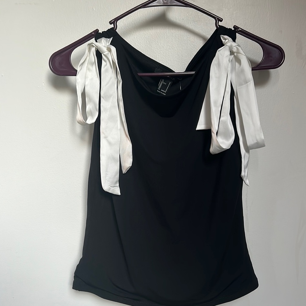 Black tank top with white ribbons